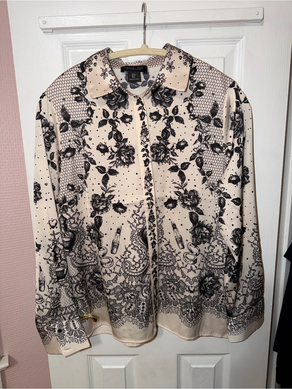 Rachel Zoe silky cream/black button down blouse, small, nwot